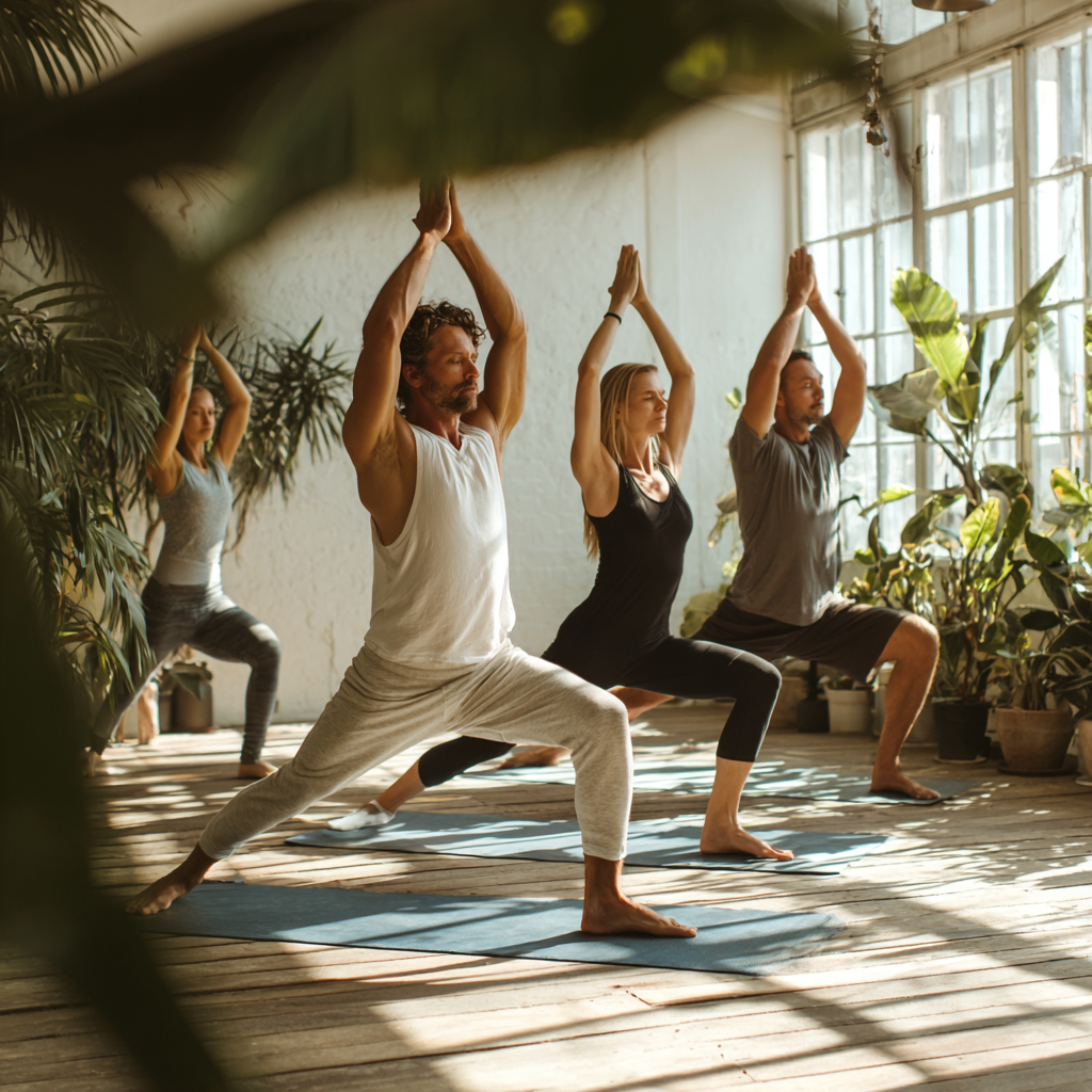 adults practicing yoga poses in natural light studio with plants