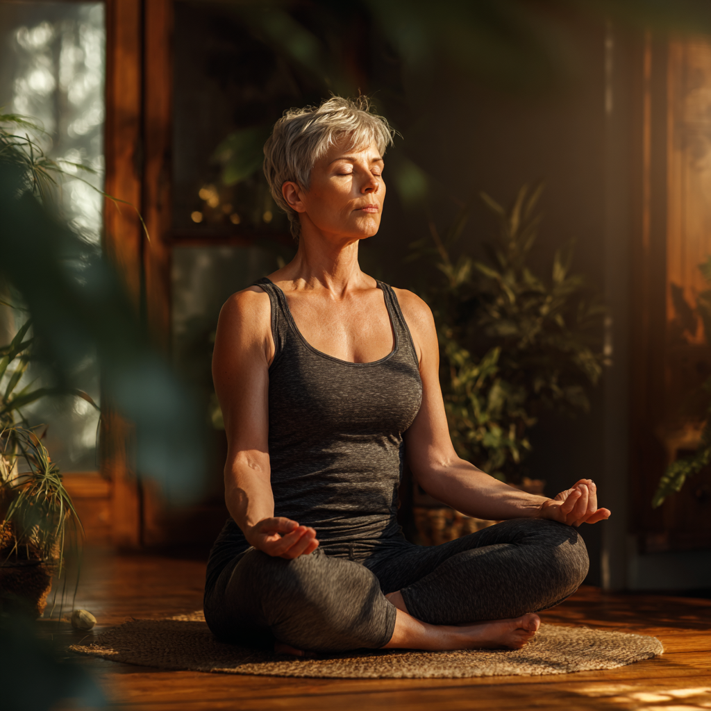 middle-aged woman practicing mindful meditation in serene studio environment